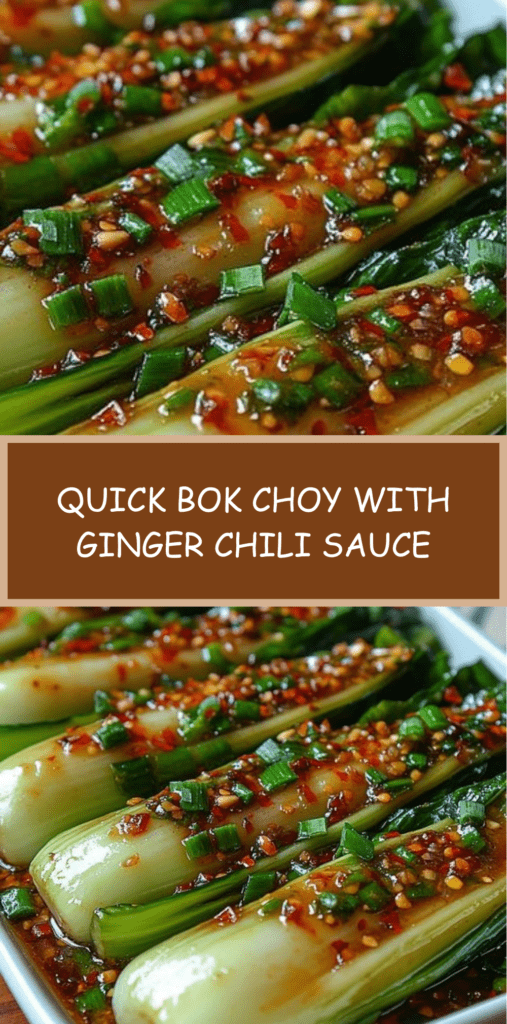 Baby bok choy halves glazed with ginger garlic chili sauce, topped with sliced green onions and sesame seeds in a skillet