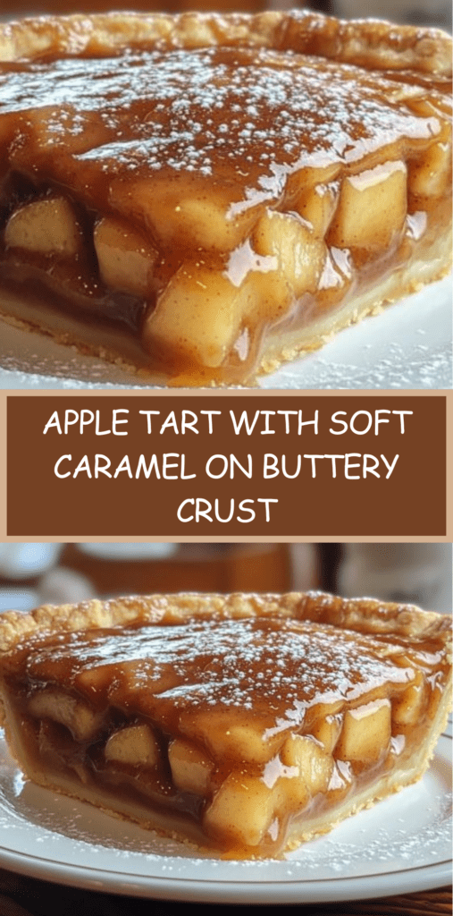 Golden apple tart on a shortcrust pastry topped with soft salted caramel drizzle, cinnamon-spiced apple cubes, and a light dusting of powdered sugar