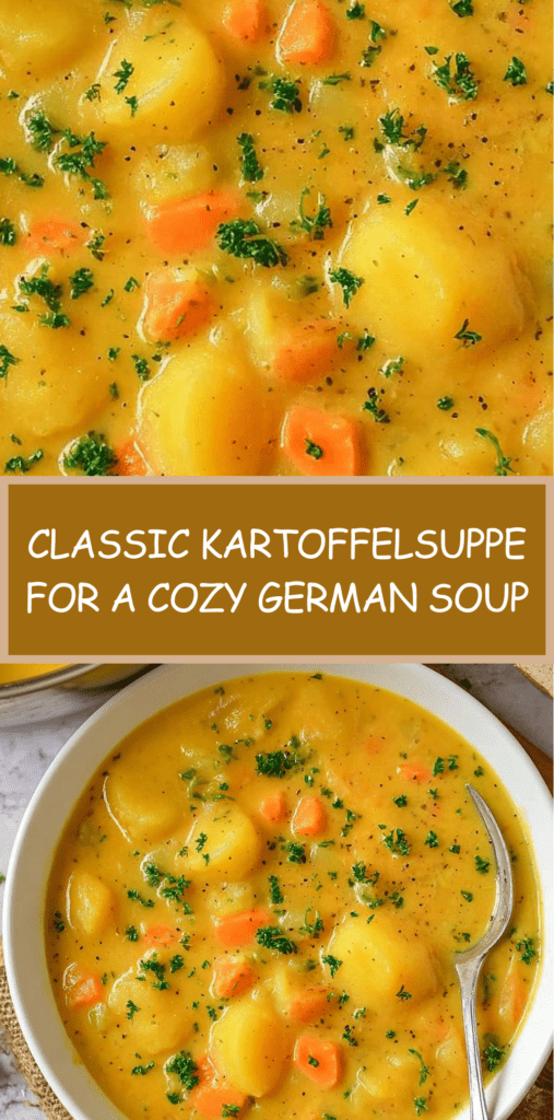 A bowl of classic German Kartoffelsuppe made with potatoes, carrots, leeks, celery, fresh parsley, and sliced sausages, served hot with rustic bread on the side.