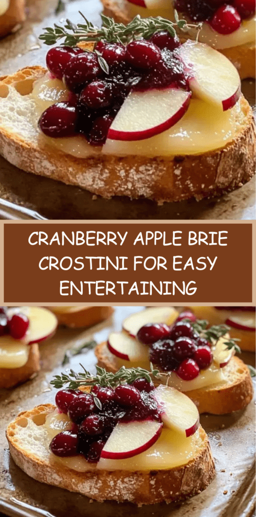 Golden toasted crostini topped with melted Brie cheese, thin apple slices, cranberries, honey drizzle, and fresh thyme on a rustic serving board.