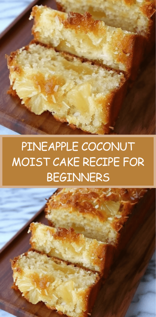 Golden pineapple and coconut moist cake sliced on a plate, showing a soft crumb with juicy pineapple chunks and a light topping of shredded coconut.