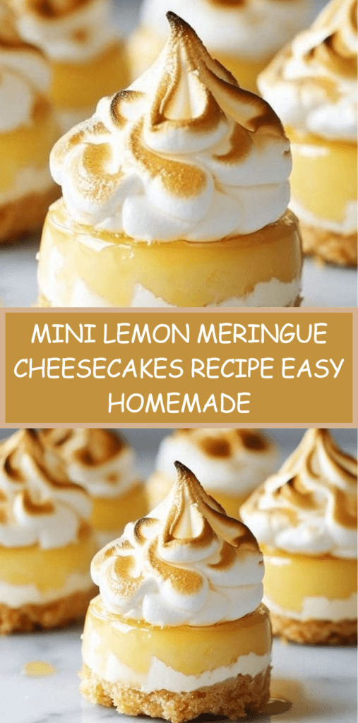 Mini lemon meringue cheesecakes with a buttery biscuit crust, creamy lemon filling, tangy lemon curd layer, and toasted golden meringue topping.