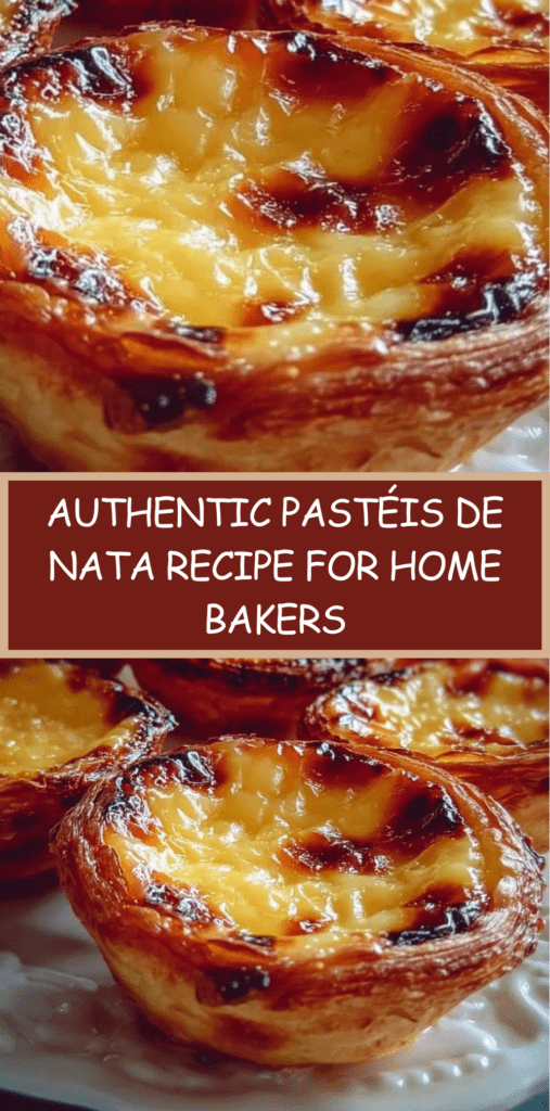 Golden Pastéis de Nata arranged on a plate, with flaky puff pastry shells and creamy custard centers caramelized on top, lightly dusted with cinnamon and powdered sugar.