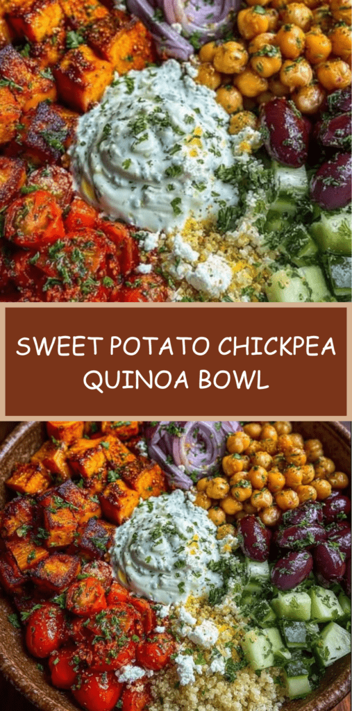 Mediterranean quinoa bowl with roasted sweet potato cubes and crispy chickpeas, cherry tomatoes, cucumbers, red onion, olives, feta, and tzatziki