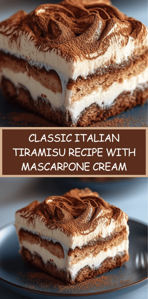 Classic Italian tiramisu dessert layered with coffee-soaked ladyfingers and creamy mascarpone filling, topped with a dusting of unsweetened cocoa powder.