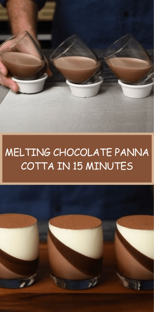 Four glasses of melting chocolate panna cotta set at a slight angle, topped with cocoa powder, showing a smooth glossy texture and rich dark color.