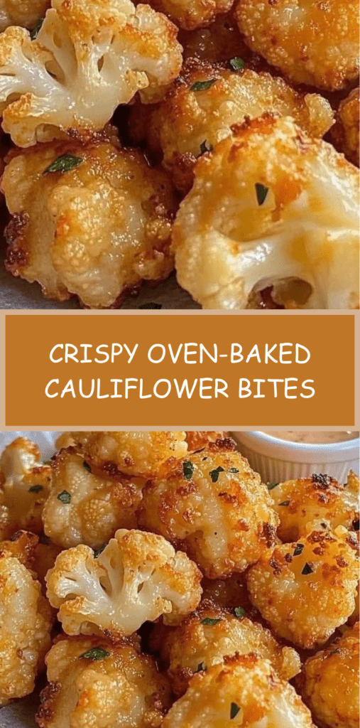 Golden crispy cauliflower bites on a parchment-lined tray, coated in breadcrumbs and Parmesan, with a creamy dipping sauce in a small bowl.