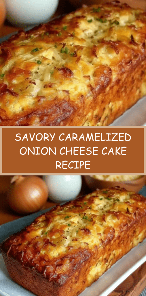 Golden loaf-style savory cake sliced on a board, filled with caramelized onions and melted cheese, with a lightly browned crust and soft moist crumb.