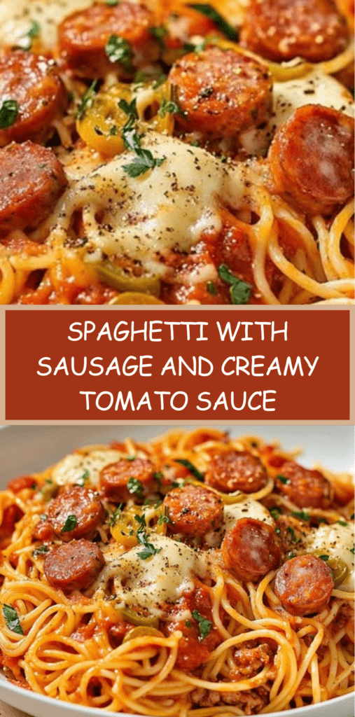 Plate of spaghetti with sausage coated in creamy tomato sauce with browned sausage slices, topped with melted cheese and fresh parsley.