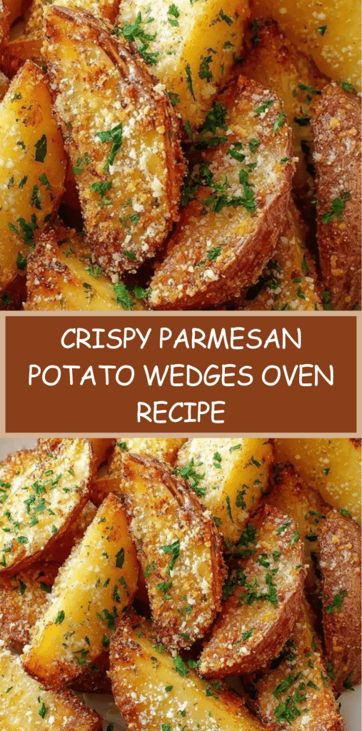 Golden crispy Parmesan potato wedges baked with Parmesan cheese and herbs, garnished with fresh parsley and served on a rustic plate.