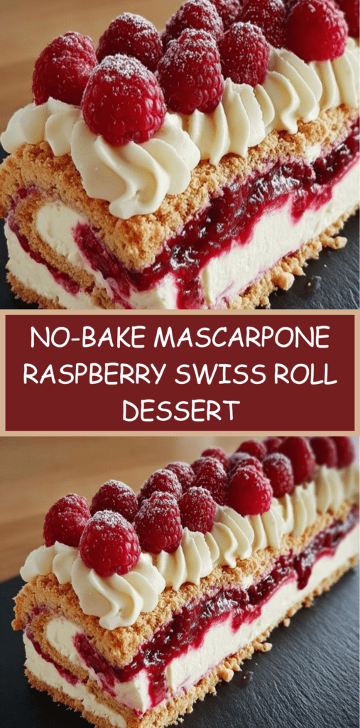 A no-bake mascarpone and raspberry Swiss roll topped with fresh raspberries, powdered sugar, and mint leaves, sliced on a serving plate with a creamy layered interior.