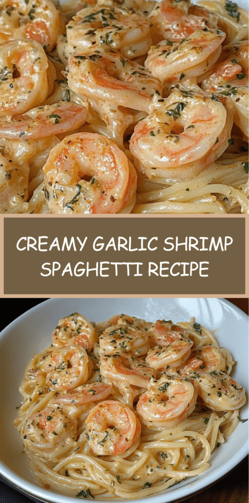 A plate of creamy garlic shrimp spaghetti topped with Parmesan cheese, fresh parsley, and juicy golden shrimp in a rich white sauce.