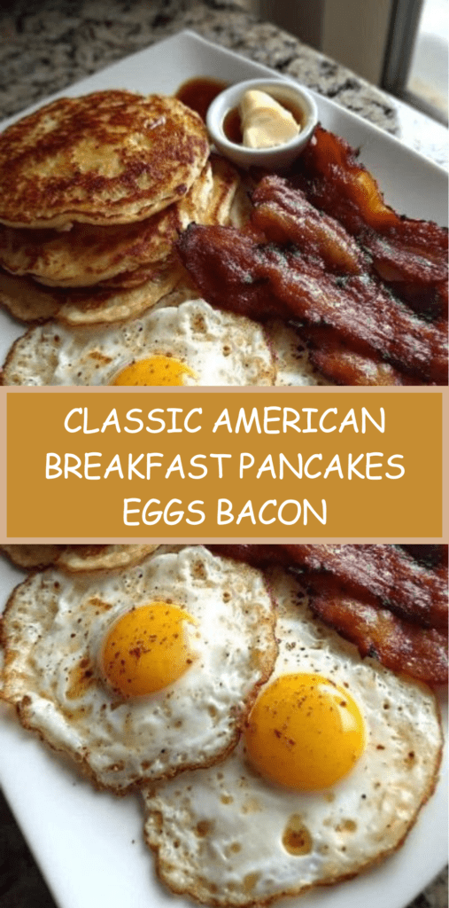 A classic American breakfast plate with a stack of fluffy pancakes topped with butter and maple syrup, crispy bacon strips, and sunny-side-up eggs with runny yolks.