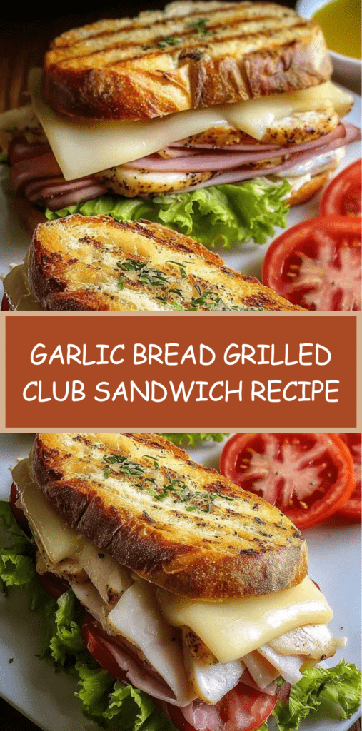 A golden garlic bread grilled club sandwich filled with turkey, ham, melted cheese, lettuce, and tomato, cut diagonally and served warm on a plate.