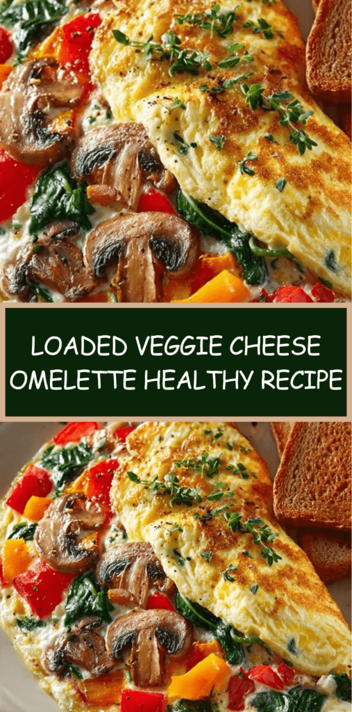 A fluffy veggie cheese omelette filled with mushrooms, bell peppers, spinach, and melted cheese, garnished with herbs and served with toasted bread.