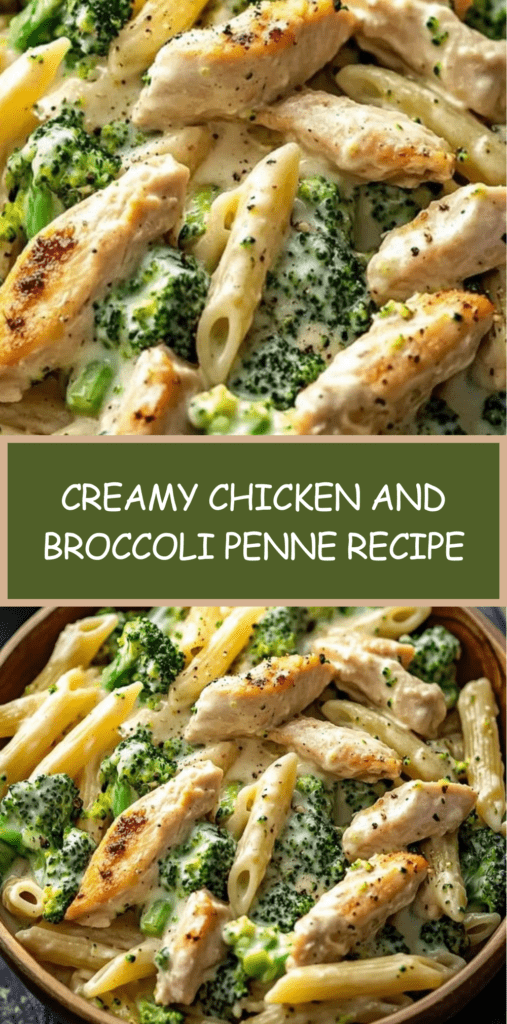 A bowl of creamy chicken and broccoli penne pasta coated in a rich Parmesan sauce with tender chicken pieces and bright green broccoli florets.