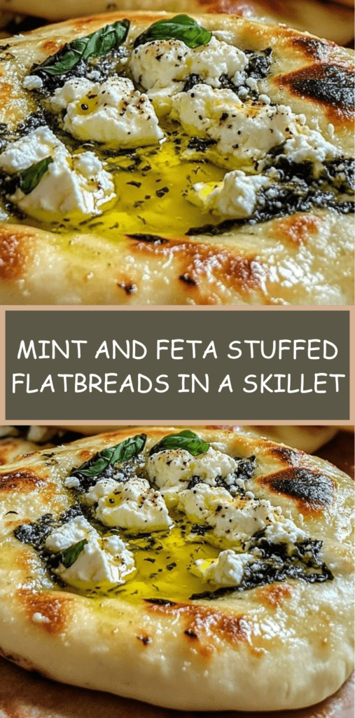 Golden skillet flatbreads stuffed with mint and feta, brushed with olive oil and topped with crumbled feta, fresh basil, and cracked black pepper