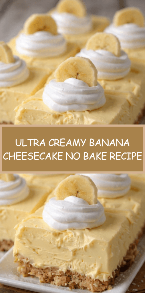 A no bake ultra creamy banana cheesecake with a golden biscuit crust, smooth banana filling, topped with whipped cream and fresh banana slices on a serving plate.