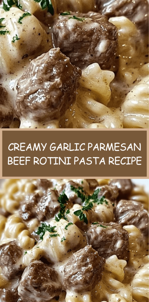 A bowl of Beef Rotini Pasta coated in creamy garlic Parmesan sauce with tender browned beef pieces, garnished with parsley and extra grated cheese.