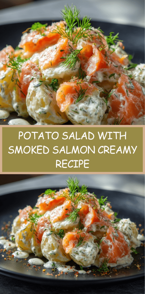 Creamy potato salad with smoked salmon, fresh dill, and mustard dressing, served slightly warm with visible potato slices and salmon pieces.