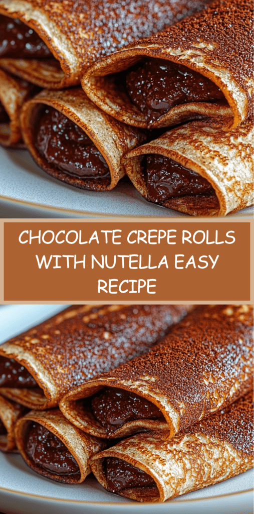 Rolled chocolate crepe filled with chocolate hazelnut spread, sliced and dusted with powdered sugar, served on a plate with a soft texture.