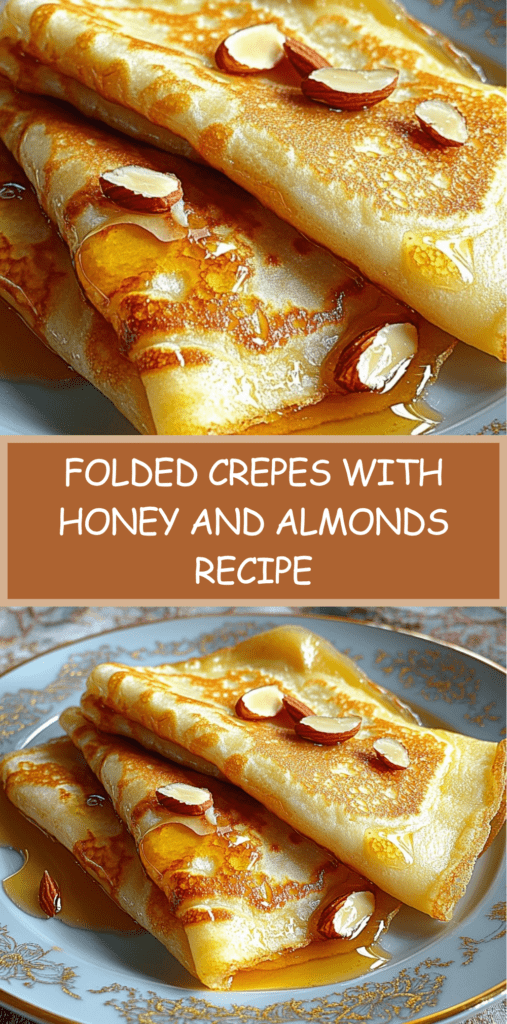 Folded French crepes with honey arranged in triangles, drizzled with golden honey and topped with toasted almonds and powdered sugar on a plate.