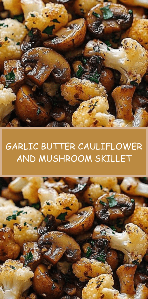 Golden cauliflower florets and seared mushrooms in a skillet coated with garlic butter, thyme, and fresh parsley, served as a hot side dish