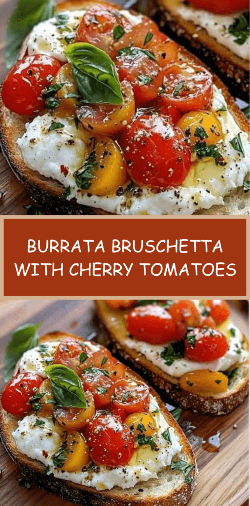 Toasted bread rounds topped with torn burrata bruschetta and marinated cherry tomatoes, basil, olive oil, and balsamic juices, served as an Italian appetizer