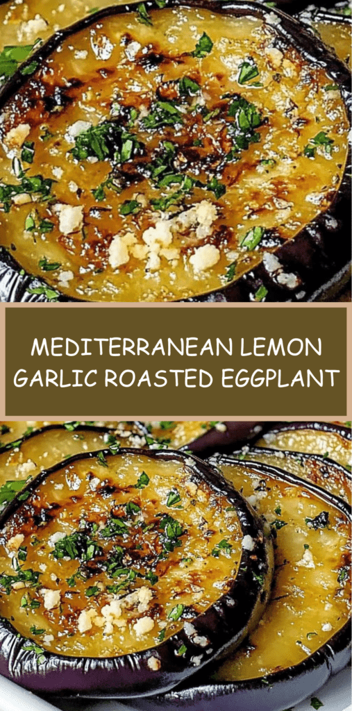 Golden roasted eggplant rounds on a baking sheet topped with minced garlic, lemon zest, and chopped parsley, served as a Mediterranean side dish