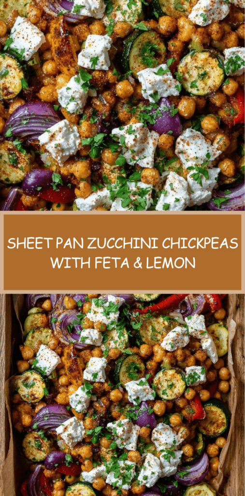 Sheet pan with roasted zucchini rounds, crispy chickpeas, red onion wedges, red bell pepper strips, and warm feta, finished with parsley and lemon