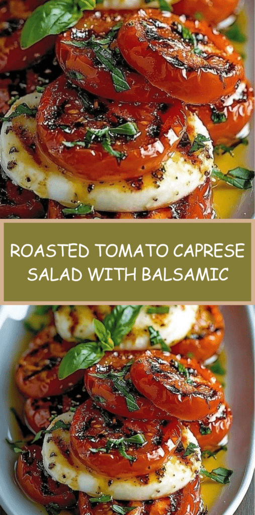 Roasted tomato halves layered with fresh mozzarella slices and basil leaves, drizzled with balsamic and olive oil, served on a platter