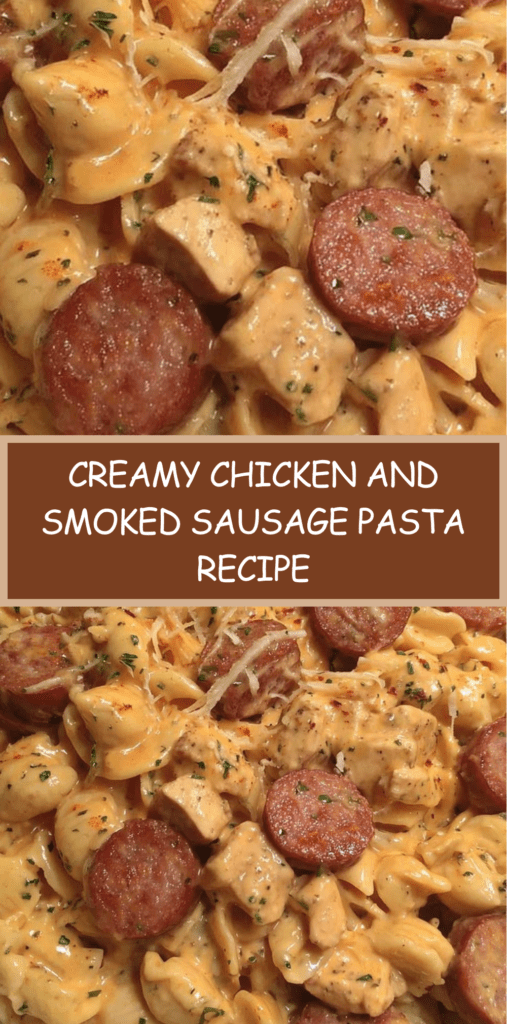 Creamy pasta in a skillet with pieces of chicken and browned smoked sausage slices, coated in a cheesy garlic cream sauce and topped with parsley