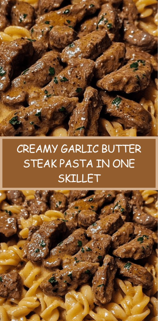 Creamy pasta tossed with seared steak strips in a garlic butter Parmesan cream sauce, finished with parsley and black pepper in a skillet