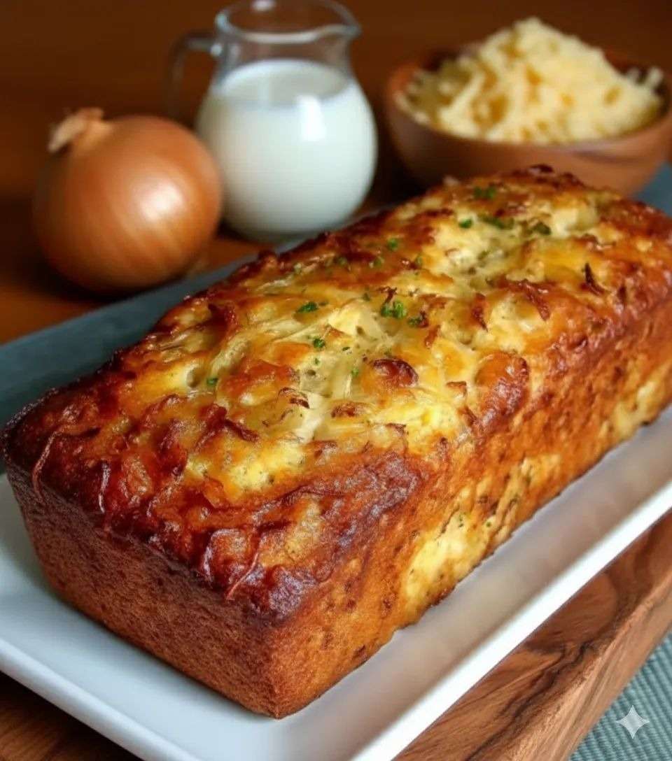 Golden loaf-style savory cake sliced on a board, filled with caramelized onions and melted cheese, with a lightly browned crust and soft moist crumb.