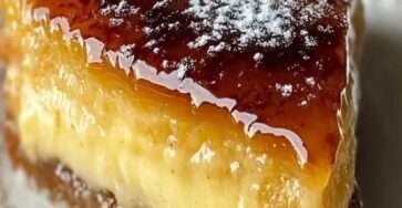 Sliced ultra-creamy French custard tart with a caramelized golden top, thick vanilla custard layer, and crisp shortcrust pastry on a serving plate.