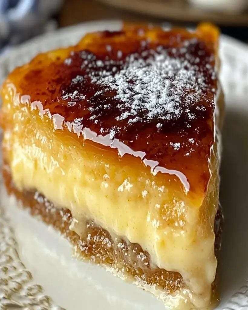 Sliced ultra-creamy French custard tart with a caramelized golden top, thick vanilla custard layer, and crisp shortcrust pastry on a serving plate.