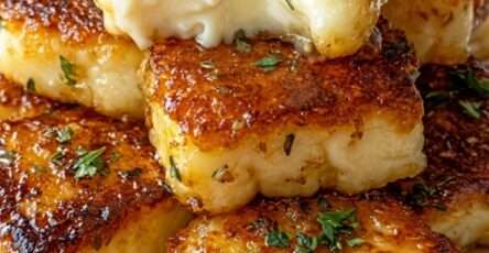 Golden garlic Parmesan potato stacks baked in a muffin tin, showing crisp layered edges, topped with parsley, served hot as a side dish.