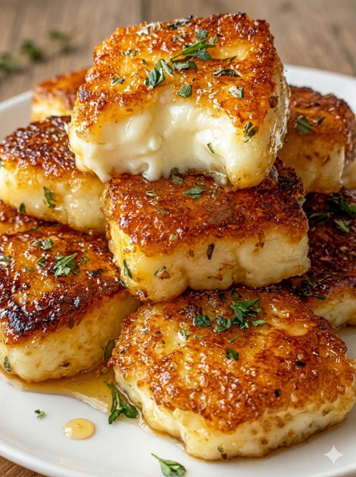 Golden garlic Parmesan potato stacks baked in a muffin tin, showing crisp layered edges, topped with parsley, served hot as a side dish.