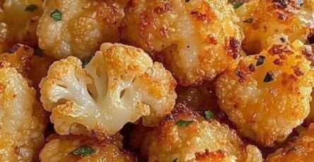 Golden crispy cauliflower bites on a parchment-lined tray, coated in breadcrumbs and Parmesan, with a creamy dipping sauce in a small bowl.