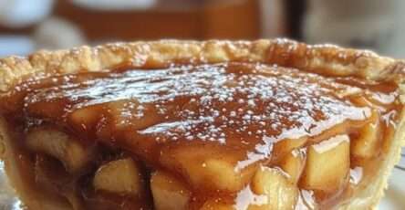 Golden apple tart on a shortcrust pastry topped with soft salted caramel drizzle, cinnamon-spiced apple cubes, and a light dusting of powdered sugar