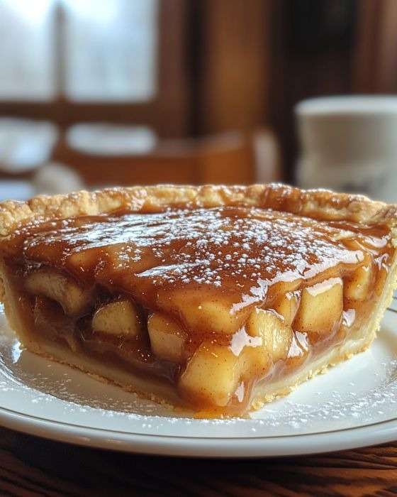 Golden apple tart on a shortcrust pastry topped with soft salted caramel drizzle, cinnamon-spiced apple cubes, and a light dusting of powdered sugar