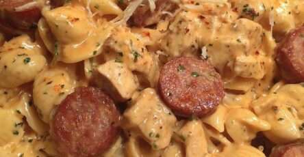Creamy pasta in a skillet with pieces of chicken and browned smoked sausage slices, coated in a cheesy garlic cream sauce and topped with parsley