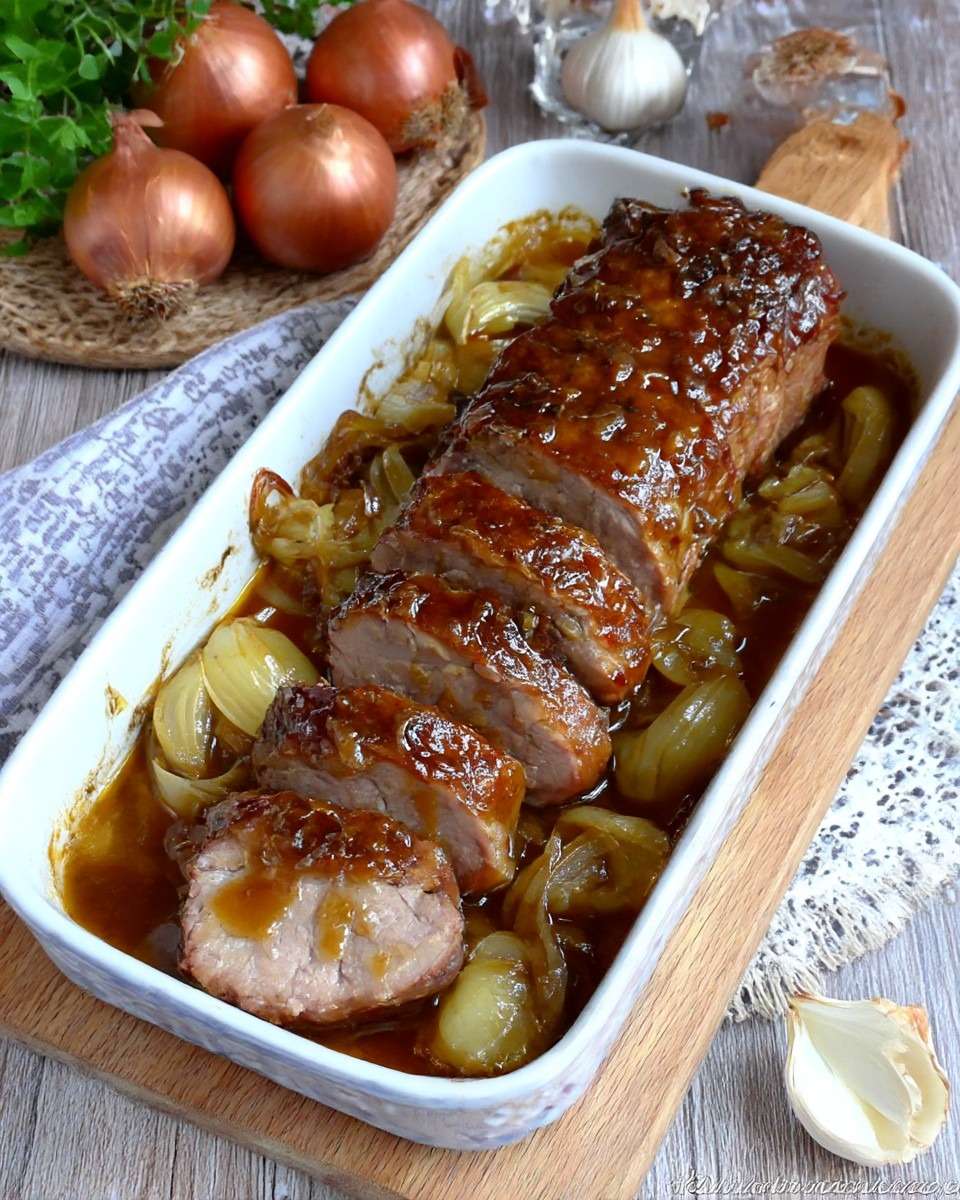 Roast pork with caramelized onions in a glossy honey sauce, sliced and served on a platter with golden cooking juices and tender onion wedges.