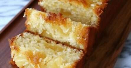 Golden pineapple and coconut moist cake sliced on a plate, showing a soft crumb with juicy pineapple chunks and a light topping of shredded coconut.