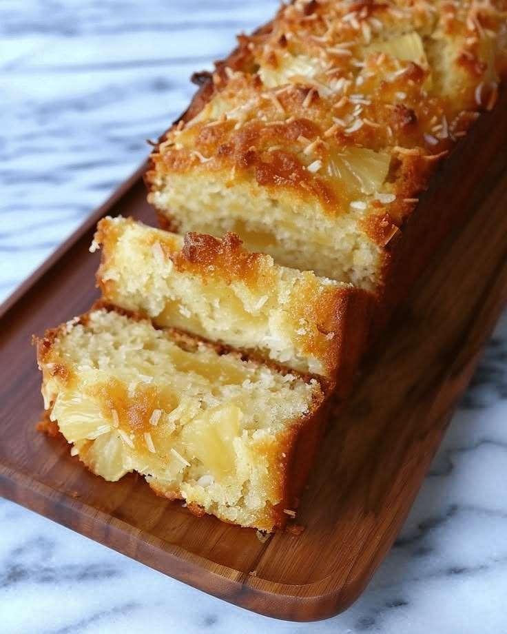 Golden pineapple and coconut moist cake sliced on a plate, showing a soft crumb with juicy pineapple chunks and a light topping of shredded coconut.