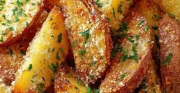 Golden crispy Parmesan potato wedges baked with Parmesan cheese and herbs, garnished with fresh parsley and served on a rustic plate.