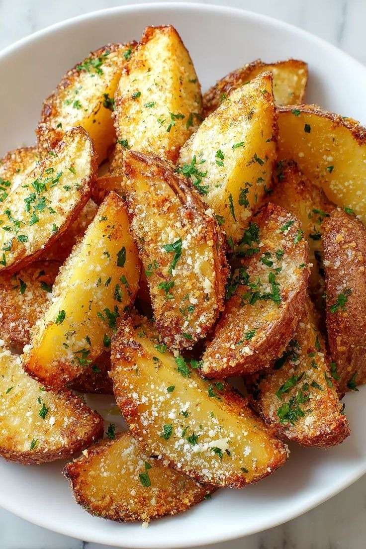 Golden crispy Parmesan potato wedges baked with Parmesan cheese and herbs, garnished with fresh parsley and served on a rustic plate.