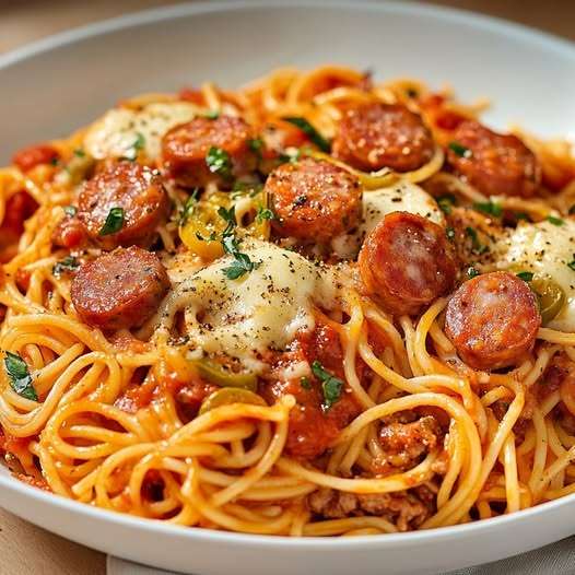 Plate of spaghetti with sausage coated in creamy tomato sauce with browned sausage slices, topped with melted cheese and fresh parsley.