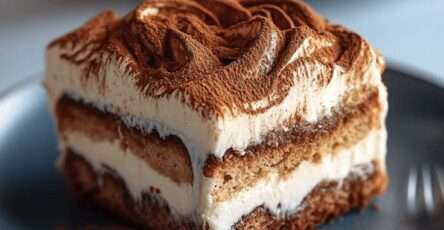 Classic Italian tiramisu dessert layered with coffee-soaked ladyfingers and creamy mascarpone filling, topped with a dusting of unsweetened cocoa powder.