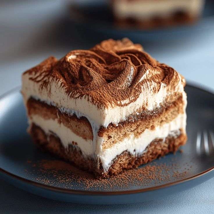 Classic Italian tiramisu dessert layered with coffee-soaked ladyfingers and creamy mascarpone filling, topped with a dusting of unsweetened cocoa powder.